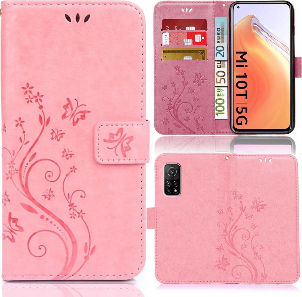 Handy Tasche für Xiaomi Mi 10T / Mi 10T Pro Schutz Hülle Handyhülle mit Blumenmuster Klapp Hülle mit Standfunktion und Kartenfächer Rosa