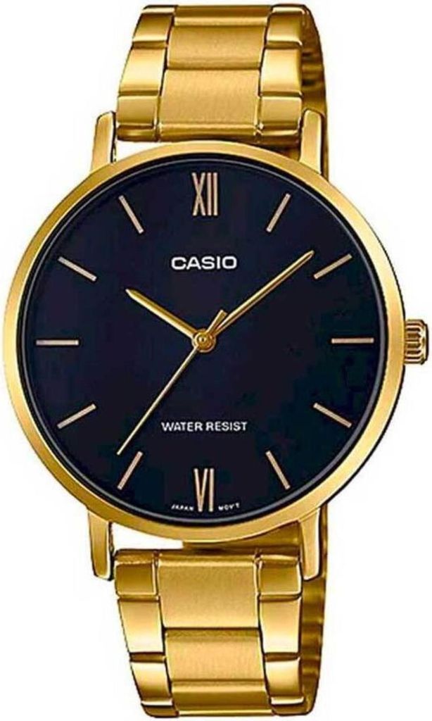 A close-up studio shot of a gold Casio watch with a black dial.