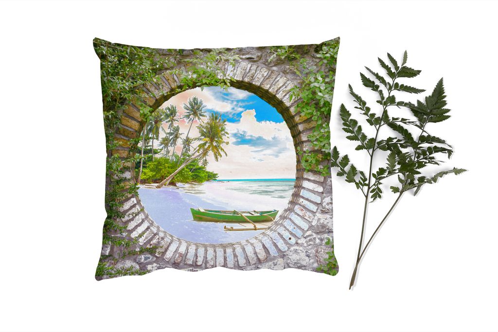 MuchoWow Zierkissen Sofakissen Wohnzimmer Dekokissen 50x50 cm Strand - Palme - Aussicht - Kanu - Komfort - Sofakissen