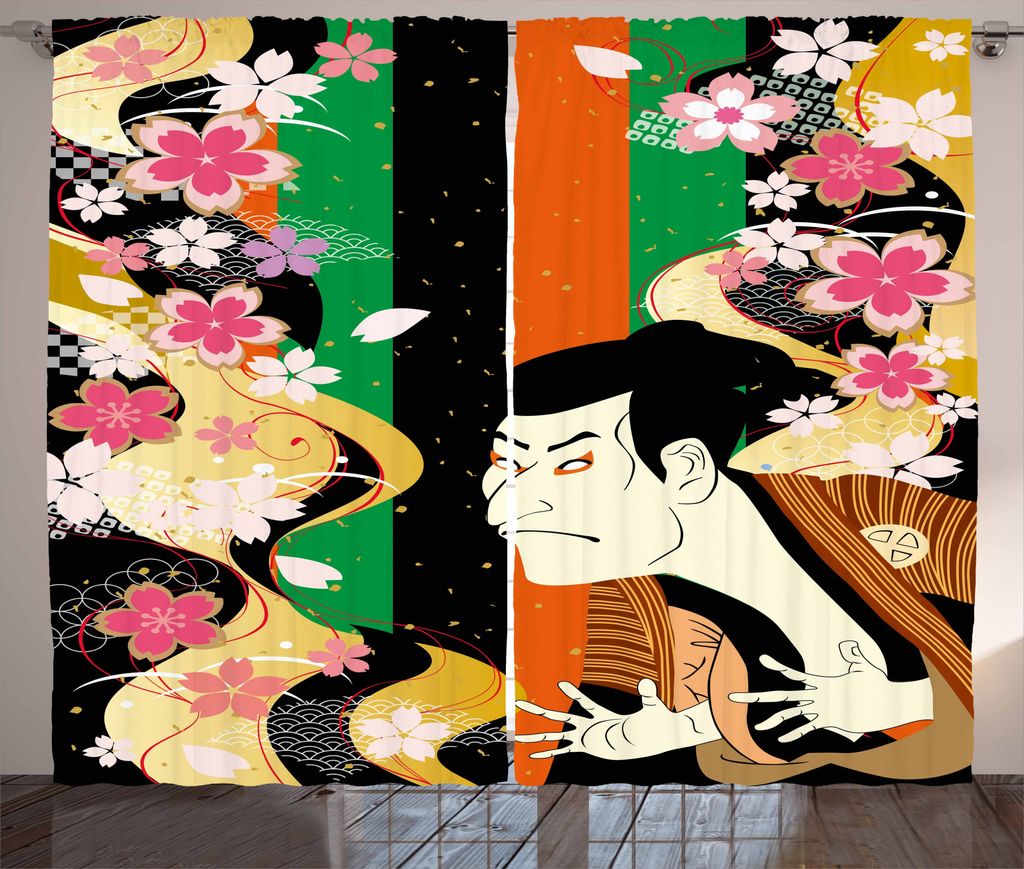 ABAKUHAUS Kabuki Rustikaler Gardine, Schauspieler Sakura-Blüten, Schlafzimmer Kräuselband Vorhang mit Schlaufen und Haken, 280 x 225 cm, Mehrfarbig