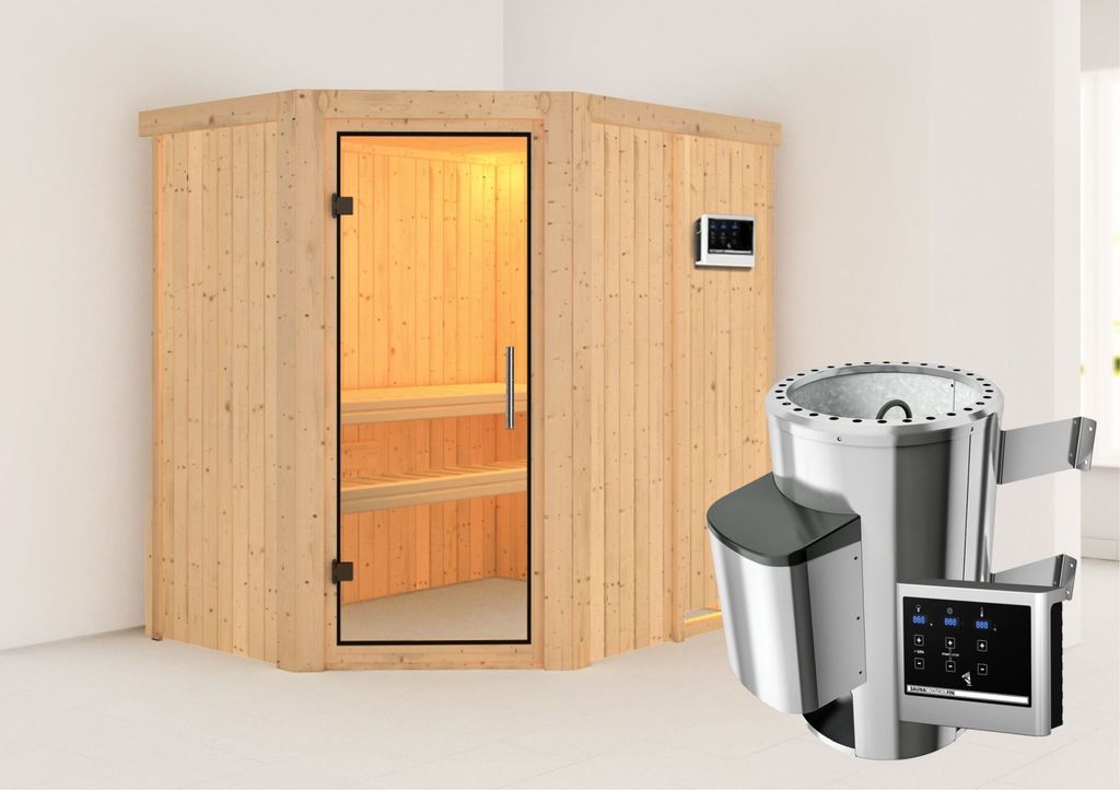 Karibu Sauna Innensauna Saja Eckeinstieg Ofen 3,6 kW externe Strg.easy 196x151x198 cm ohne Dachkranz mit Klarglastür