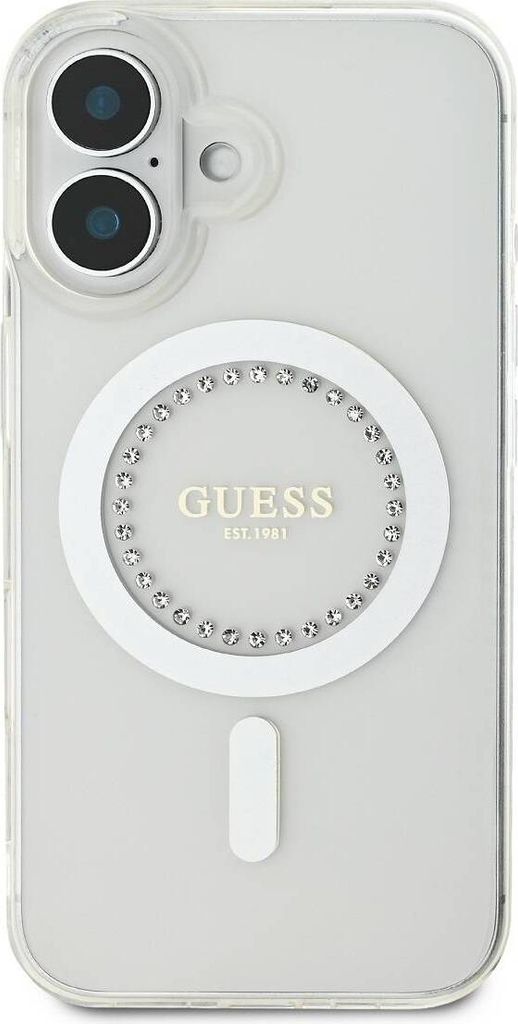 Guess, Schutzhülle für iPhone 16 mit Strass Ring MagSafe, Weiß