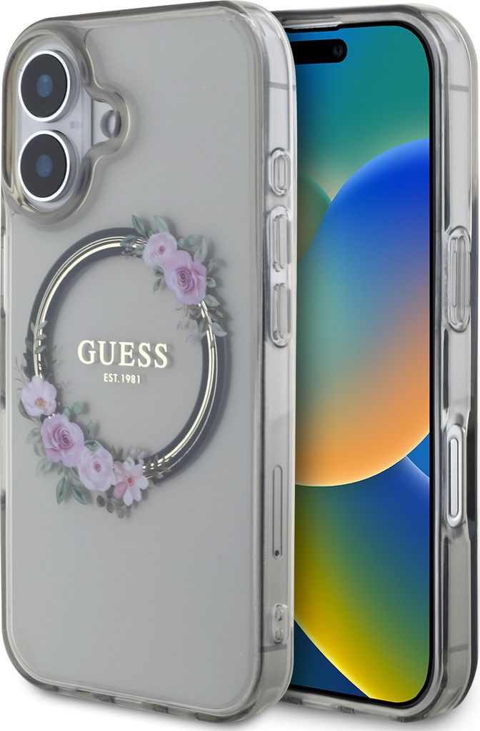Guess GUHMP16SHFWFCK iPhone 16 6.1" schwarz hardcase IML Flowers Wreath MagSafe Schutzhülle