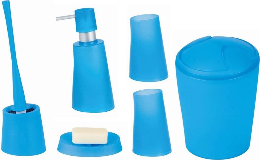 Spirella Badezimmer Set, 6-teiliges Badzubehör Move Seifenspender, WC Bürste, Seifenschale, Kosmetikeimer und Zahnputzbecher Hellblau