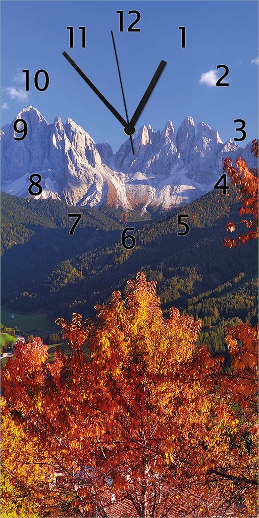 Wallario Design Wanduhr bedruckt, Größe 30 x 60 cm, Motiv: Herbst im Gebirgstal unter blauem Himmel