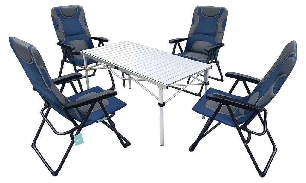 5-tlg. Gartenset Sitzgruppe – Klapptisch ca. 117x70 cm Aluminium + 4 Hochlehner Grau/Blau