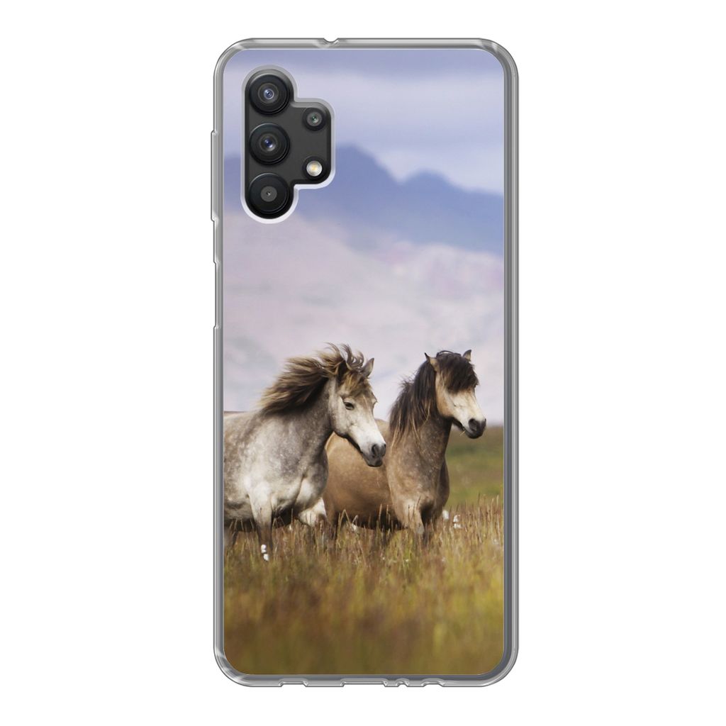 MuchoWow Handyhülle Schutzhülle Hülle für Samsung Galaxy A32 5G Pferde - Gras - Berge Silikon Softcase Handy Hülle - Softcase