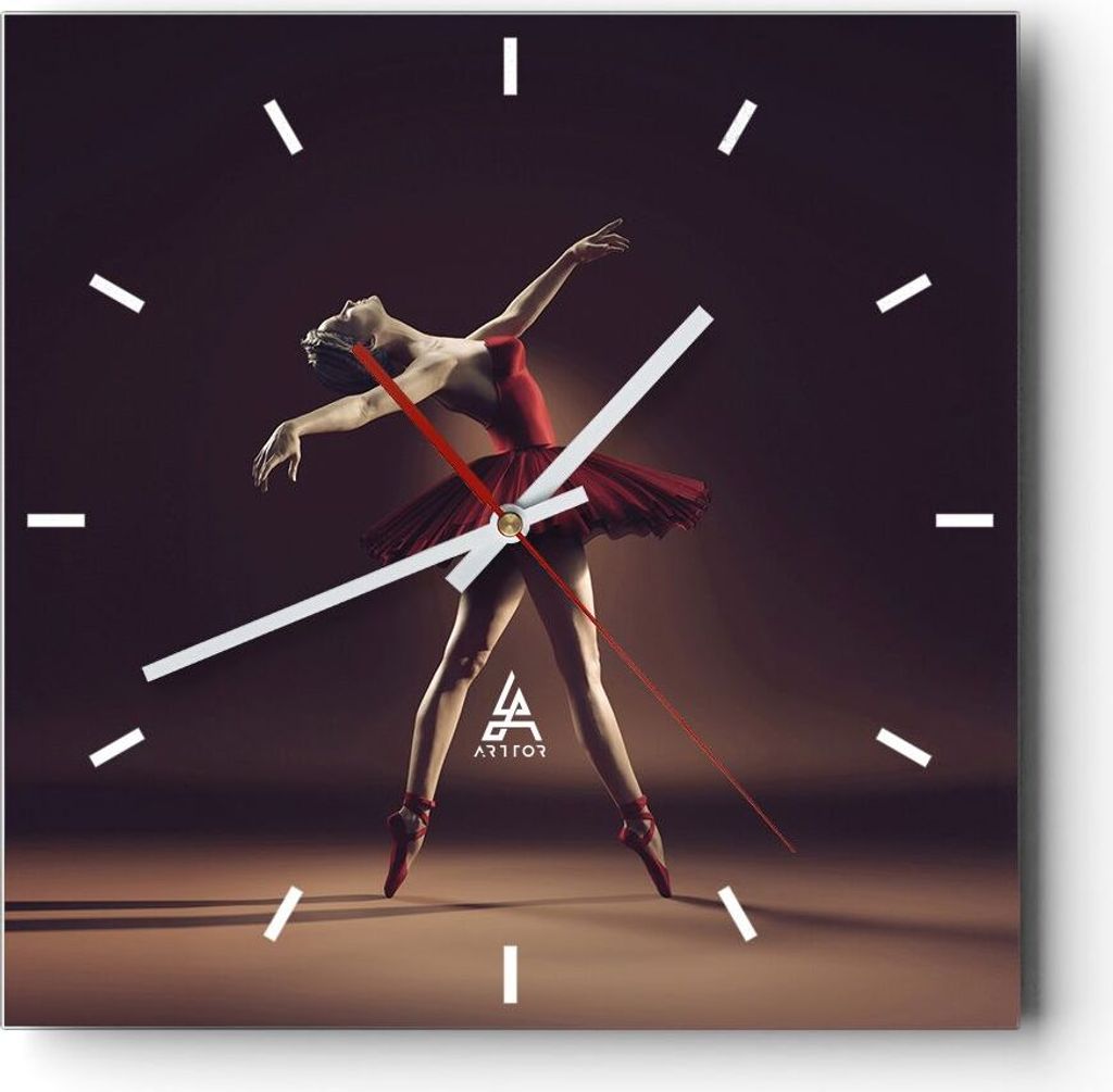 Wanduhr - Quadrat - Glasuhr - Ballerina Rot Kleid - 30x30cm - Schleichendes Uhrwerk - Lautlos - zum Aufhängen bereit - Dekoration Modern - Wanddek...