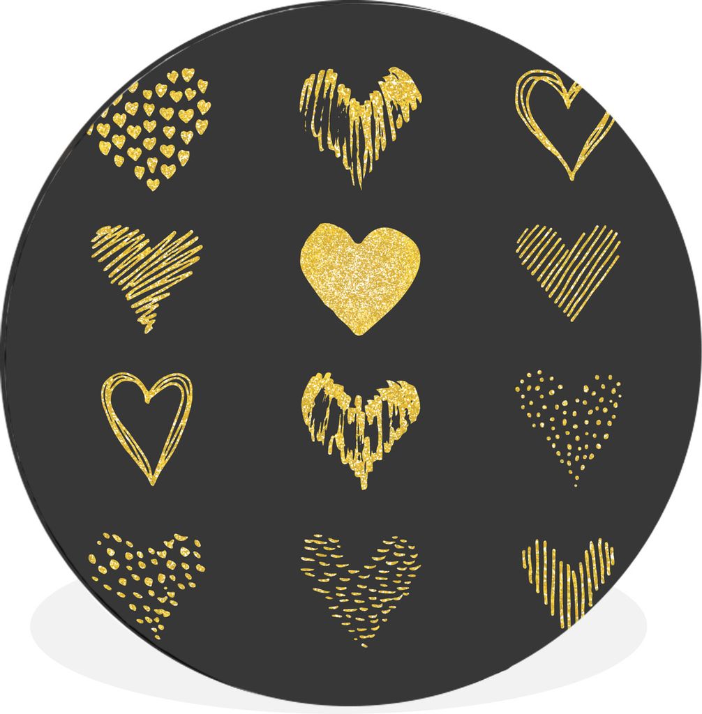 MuchoWow Aluminium Wandkreis Gold gezeichnete Herzen auf schwarzem Papier Ø 60 cm Wanddeko Modern Wohnzimmer - Wand Kreis - Wandbild - Schlafzim...