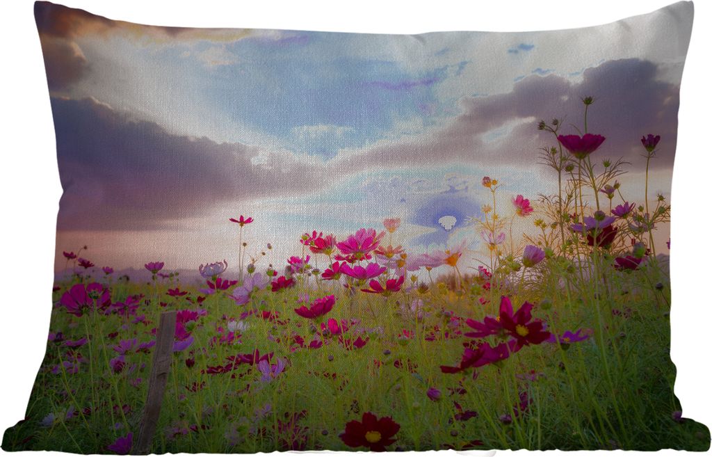 MuchoWow Outdoor Kissen - Blumen - Rosa - Sonnenuntergang - Natur - Wiese - Horizont - 50x30 cm - Wetterfest - Lounge Kissen - Sofa kissen - Wohn...