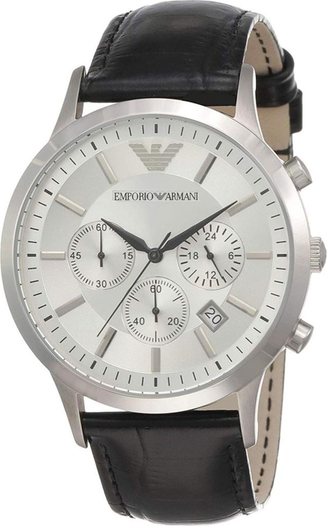 A close-up studio shot of an Emporio Armani men's chronograph watch with a silver dial and black leather strap.