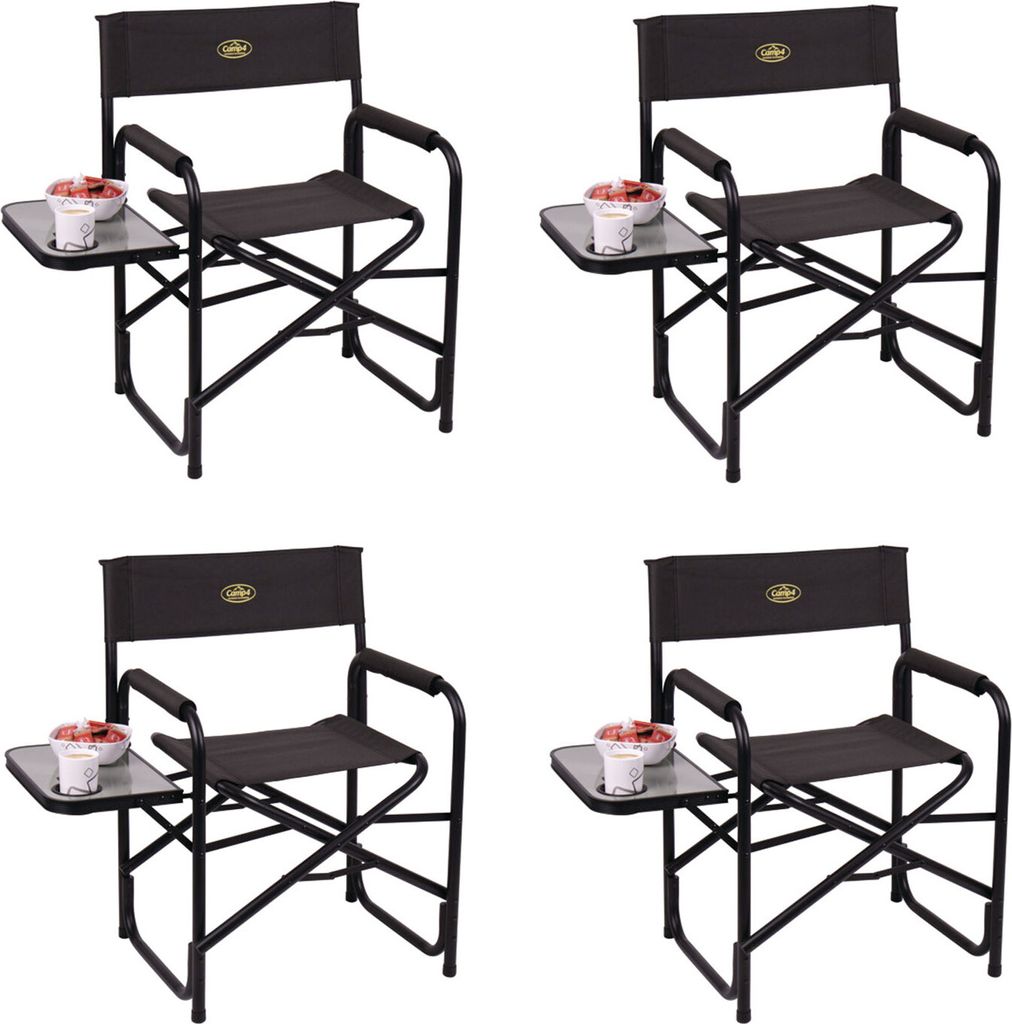 4x Campingstuhl klappbar, schwarz, Regiestuhl mit Seitentisch und Getränkehalter