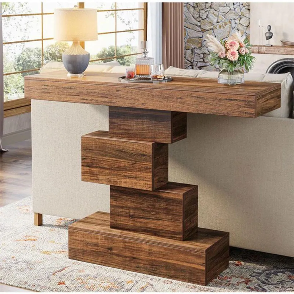 Table d'appoint avec piètement géométrique en métal et bois