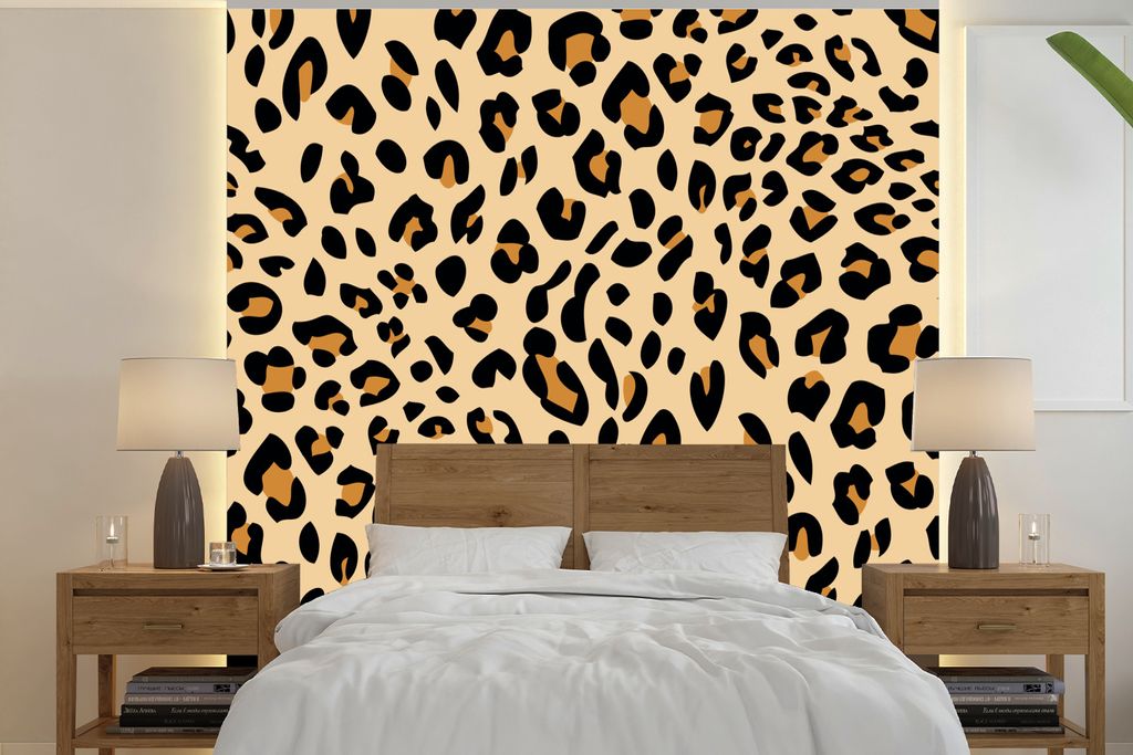 MuchoWow Fototapete für Wohnzimmer oder Schlafzimmer Wandtapete Vinyl Motivtapete Tiermuster - Panther - Leopard - 350x350 cm - Schlafzimmertapete
