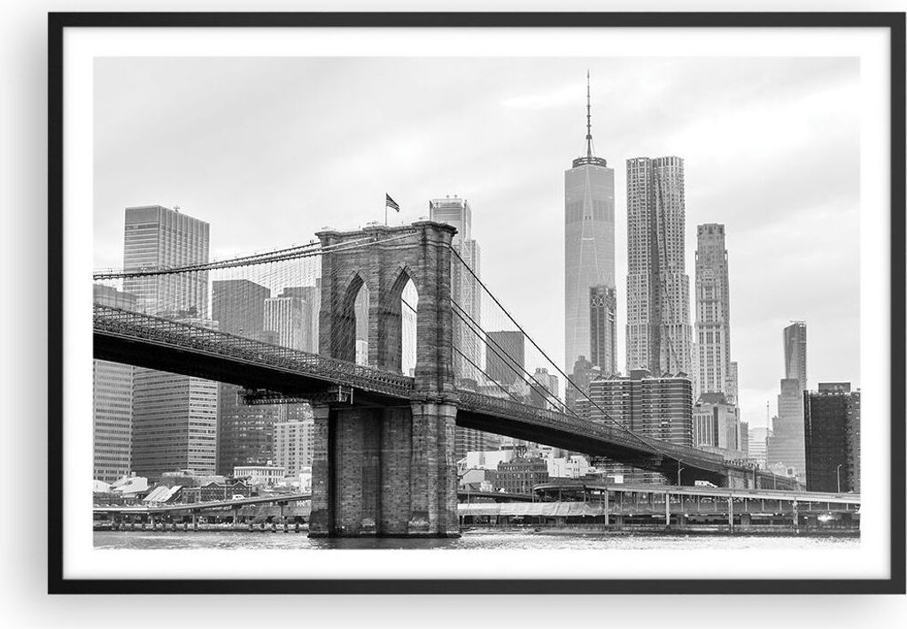Gerahmtes Poster - Schwarzer Rahmen - Brücke Brooklyn schwarz und weiß - 91,5x61 cm - Wand Bild - Wanddeko - Wandbilder - Wandposter - Bilderrahm...