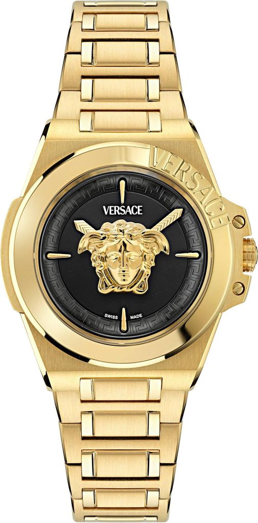 A product shot of a gold Versace watch with a black face.