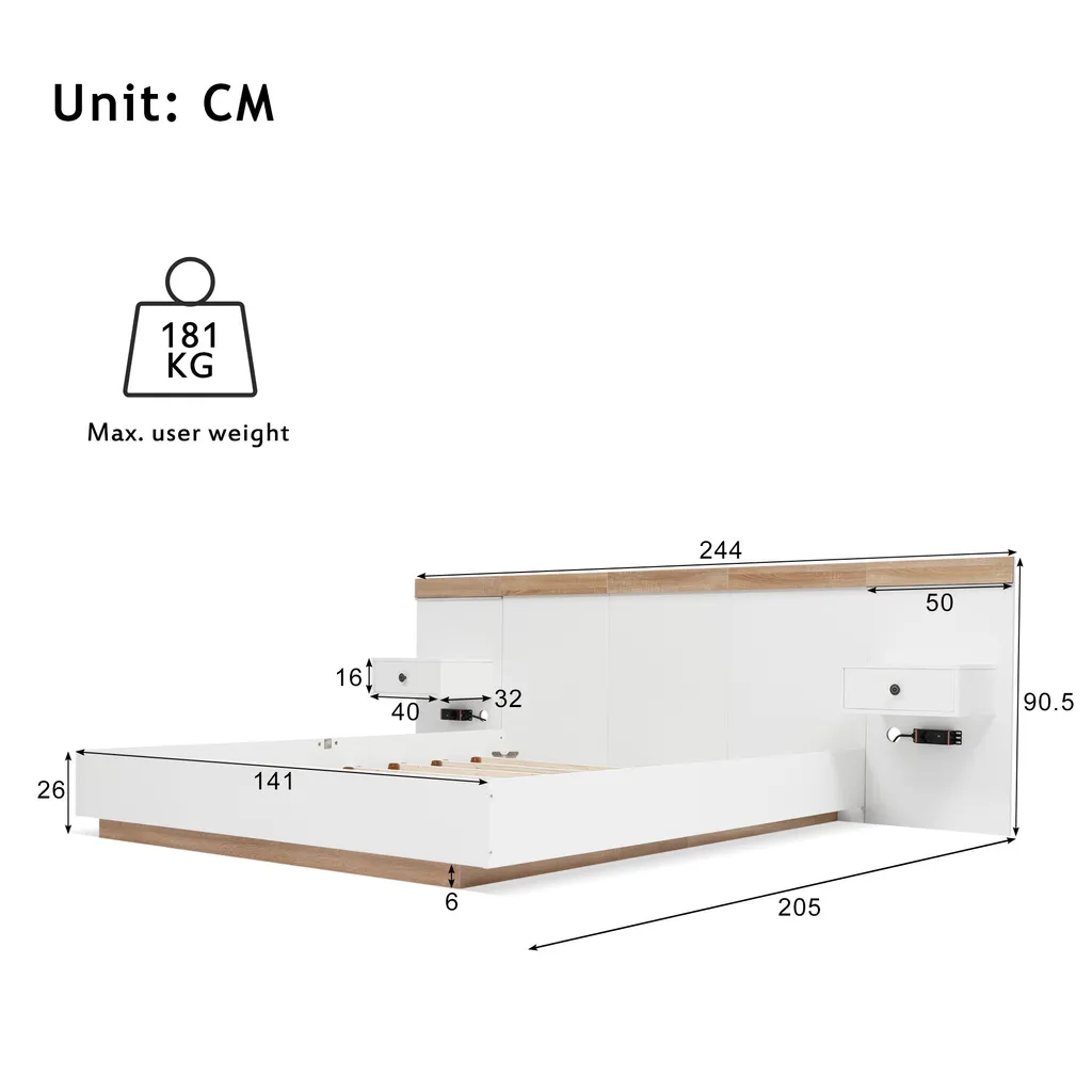 Lit double en bois 140x200cm Abrihome avec 2 chevets et LED intégrées