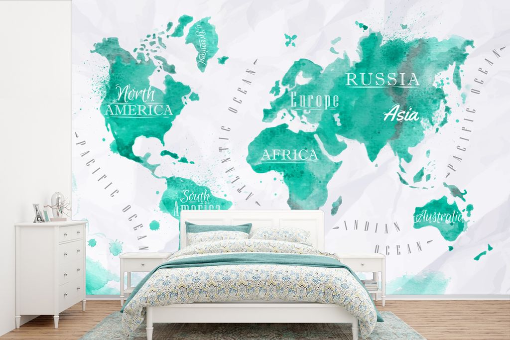 MuchoWow Fototapete für Wohnzimmer oder Schlafzimmer Wandtapete Vinyl Motivtapete Weltkarte - Malerei - Aquarell - 330x220 cm - Fototapeten