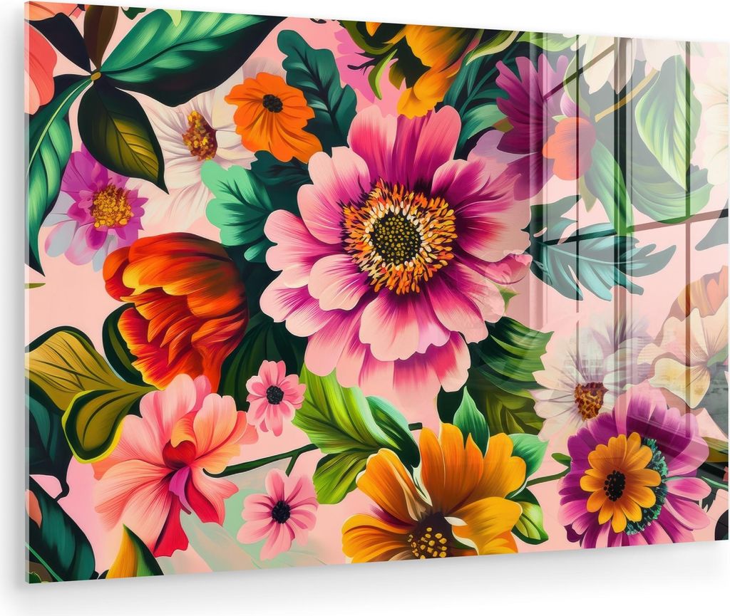 MuchoWow Glasbilder - Bilder auf Wandbild - Foto auf Glas Blumen - Bunt - Rosa 120x80 cm Wanddekoration aus Glas - Acrylglasbild - Acrylbilder - Ab...