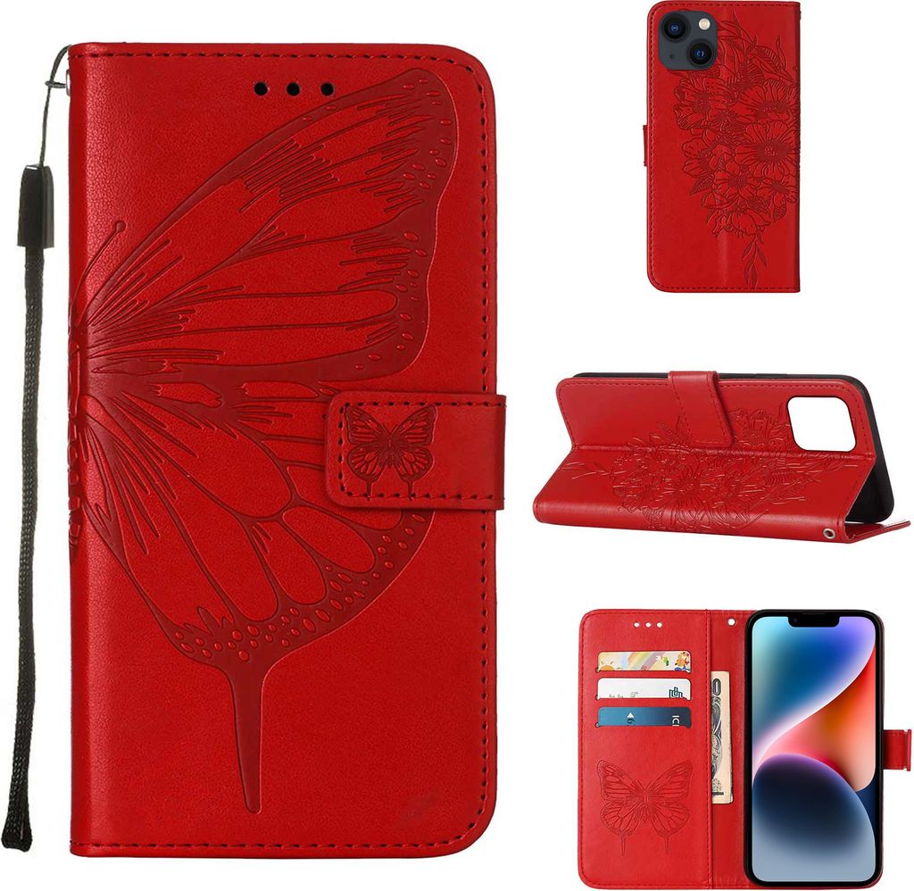 iPhone 14 Hülle, Schmetterling Prägung Flip Leder Kartenfächer Schutzhülle Ledertasche mit Ständer für iPhone 14 Rot