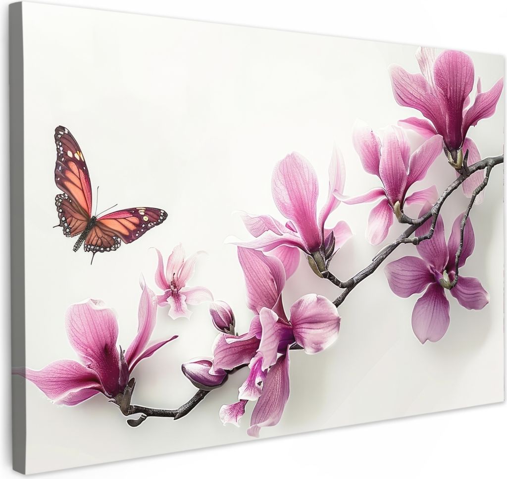 MuchoWow - Leinwandbilder - Blüte - Schmetterling - Rosa - Natur - Weiß, Wandbild, Wanddeko Bilder Wohnzimmer, 90x60 cm