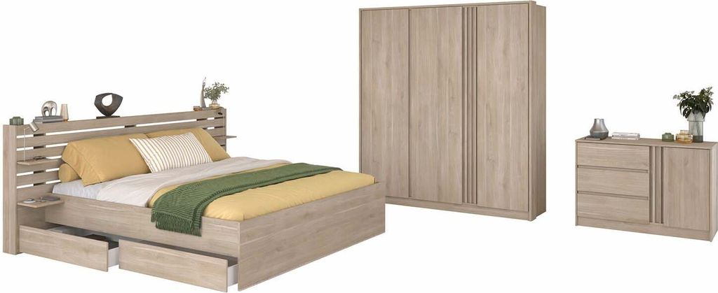 Escale 22 Parisot Stauraumbett Japanische Eichen Nachbildung mit Kleiderschrank und Kommode 160x200cm