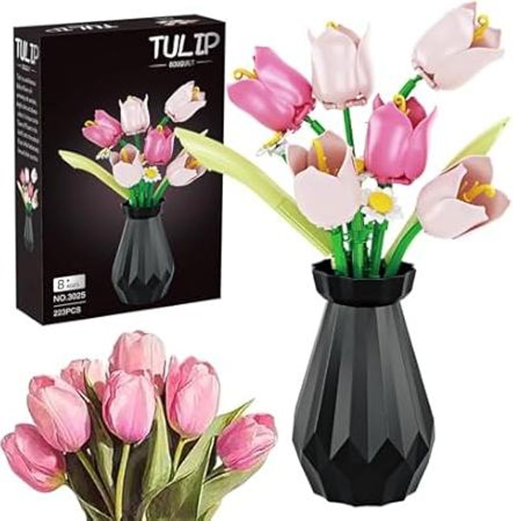 WINNER SPACE Tulpen Blumen Bauspielzeugset mit Vase, 223pcs Botanical Collection Bauklotz Spielzeug Pflanzen Home Deko, Geschenk zu Valentinstag, M...