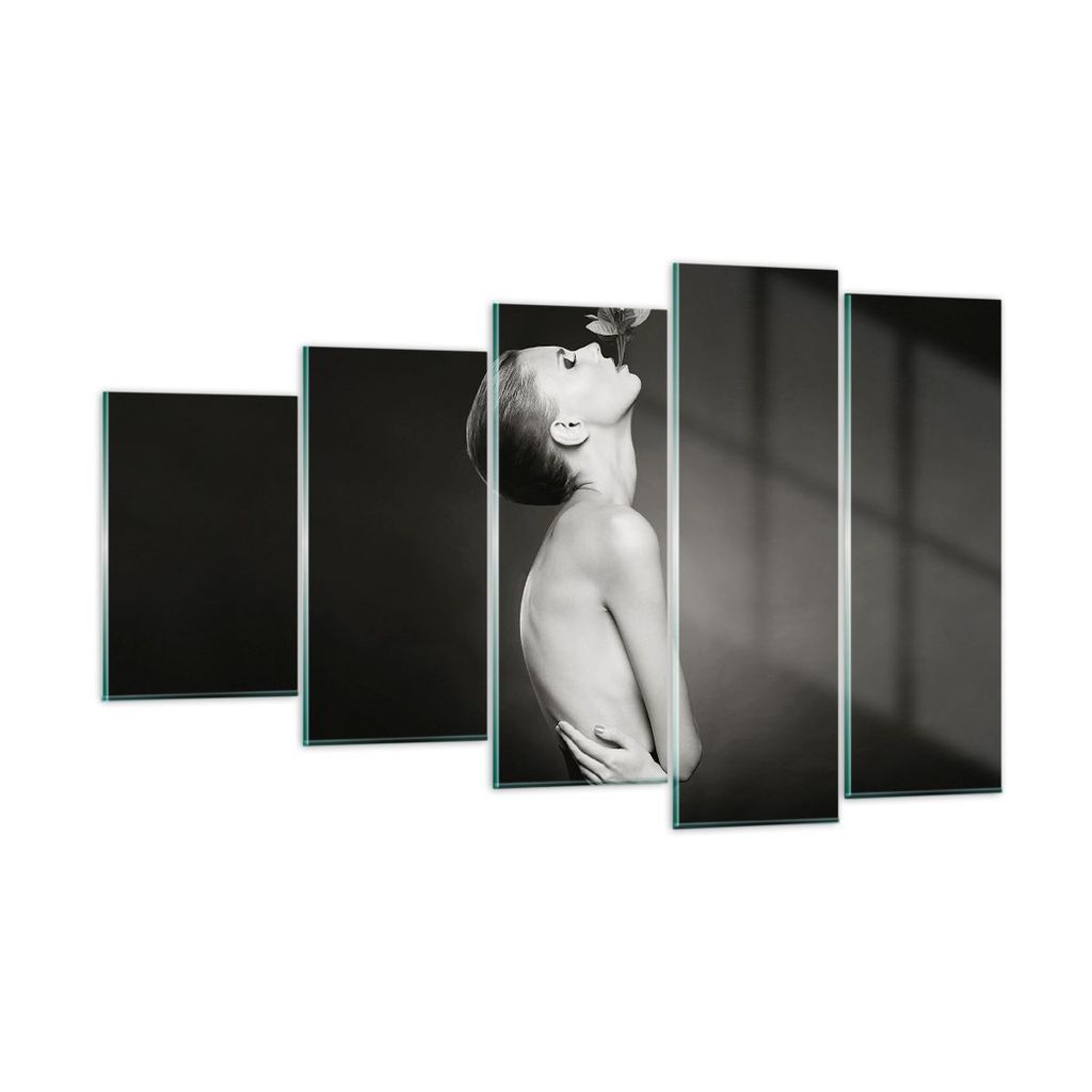 Bilder auf glas - 5 Teile - Nackt Frau Blumen - 100x60cm - Glasbilder - Wandbilder - Bilder - zum Aufhängen bereit - Wanddekoration aus Glas - Gla...