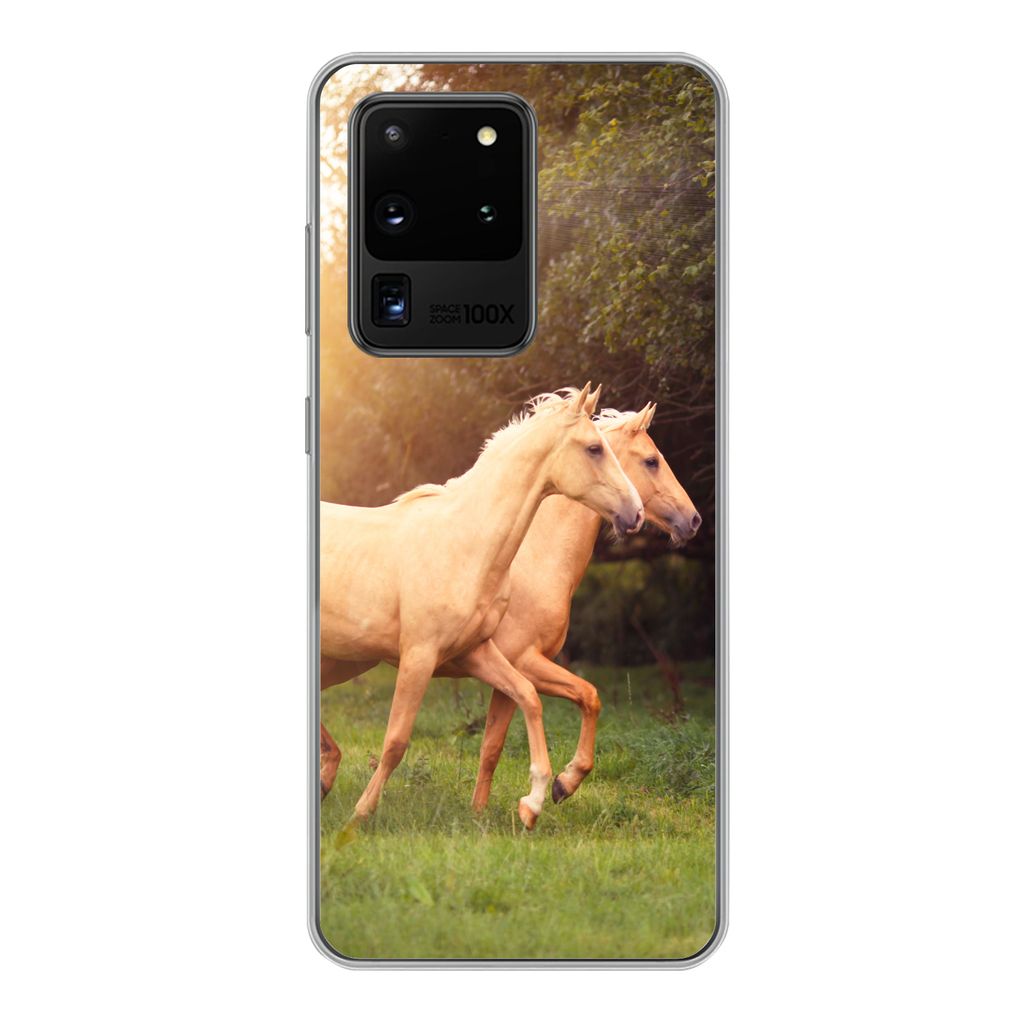 MuchoWow Handyhülle Schutzhülle Hülle für Samsung Galaxy S20 Ultra Pferde - Wald - Sonne Silikon Softcase Handy Hülle - Karteninhaber