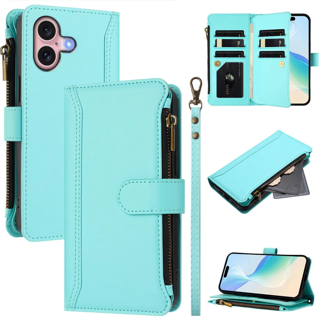 Cover Portafoglio iPhone 16 Verde Menta con Zip e Supporto Flip