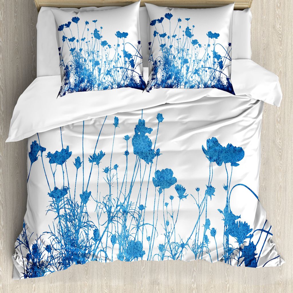 ABAKUHAUS Abstrakt Bettbezug, Wildblumen-Blüte, Milbensicher Allergiker geeignet mit Kissenbezügen, 200 cm x 200 cm - 80 x 80 cm, Blau Weiss