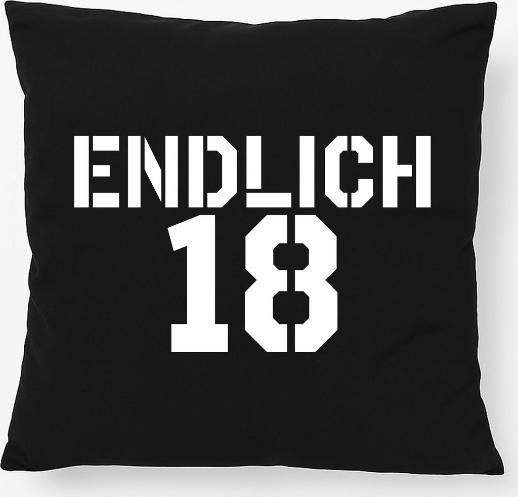 Huuraa Kissen Endlich 18 Schriftzug 40x40cm mit Füllung Black Baumwolle Dekokissen Geschenkidee
