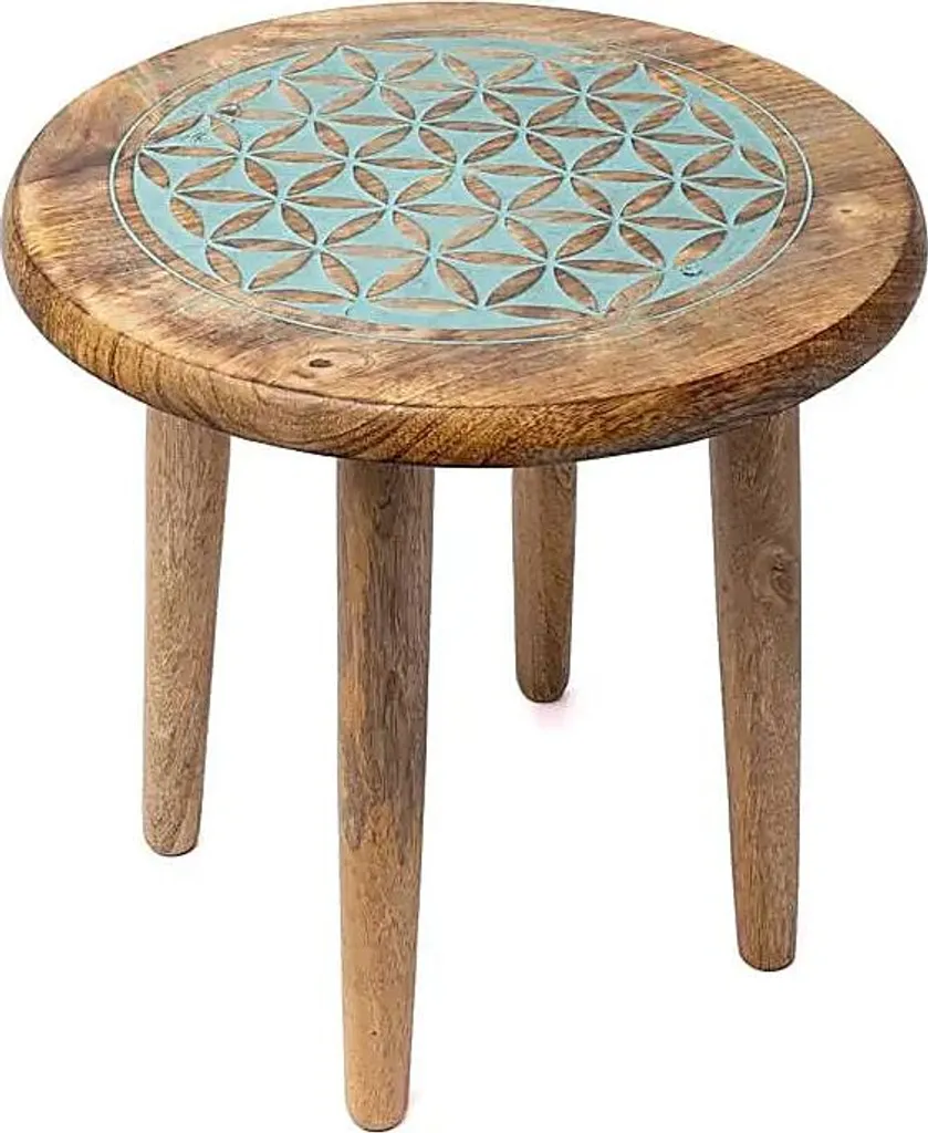 Table d'appoint artisanale en manguier sculpté fleur de vie 30x30x31 cm