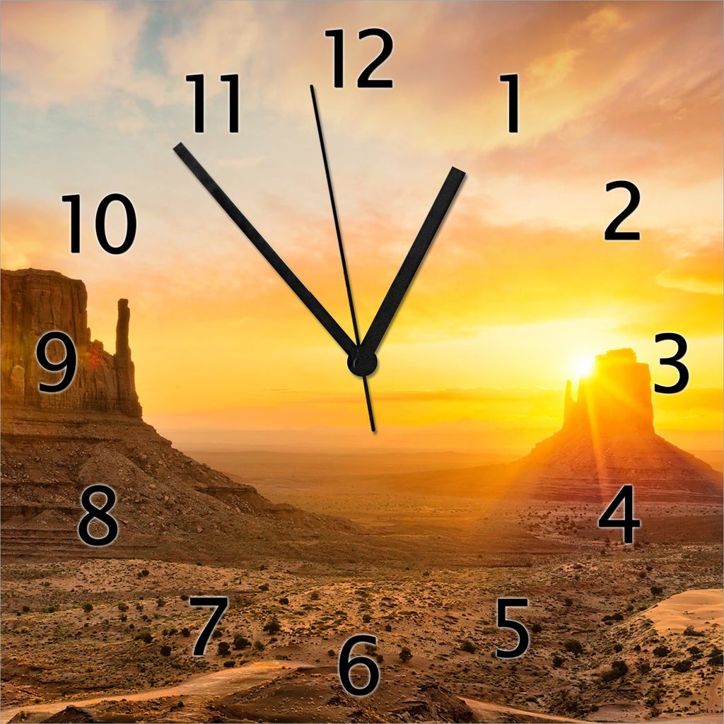 Wallario Design Wanduhr Monument bei Sonnenuntergang aus Echtglas, Größe 30 x 30 cm