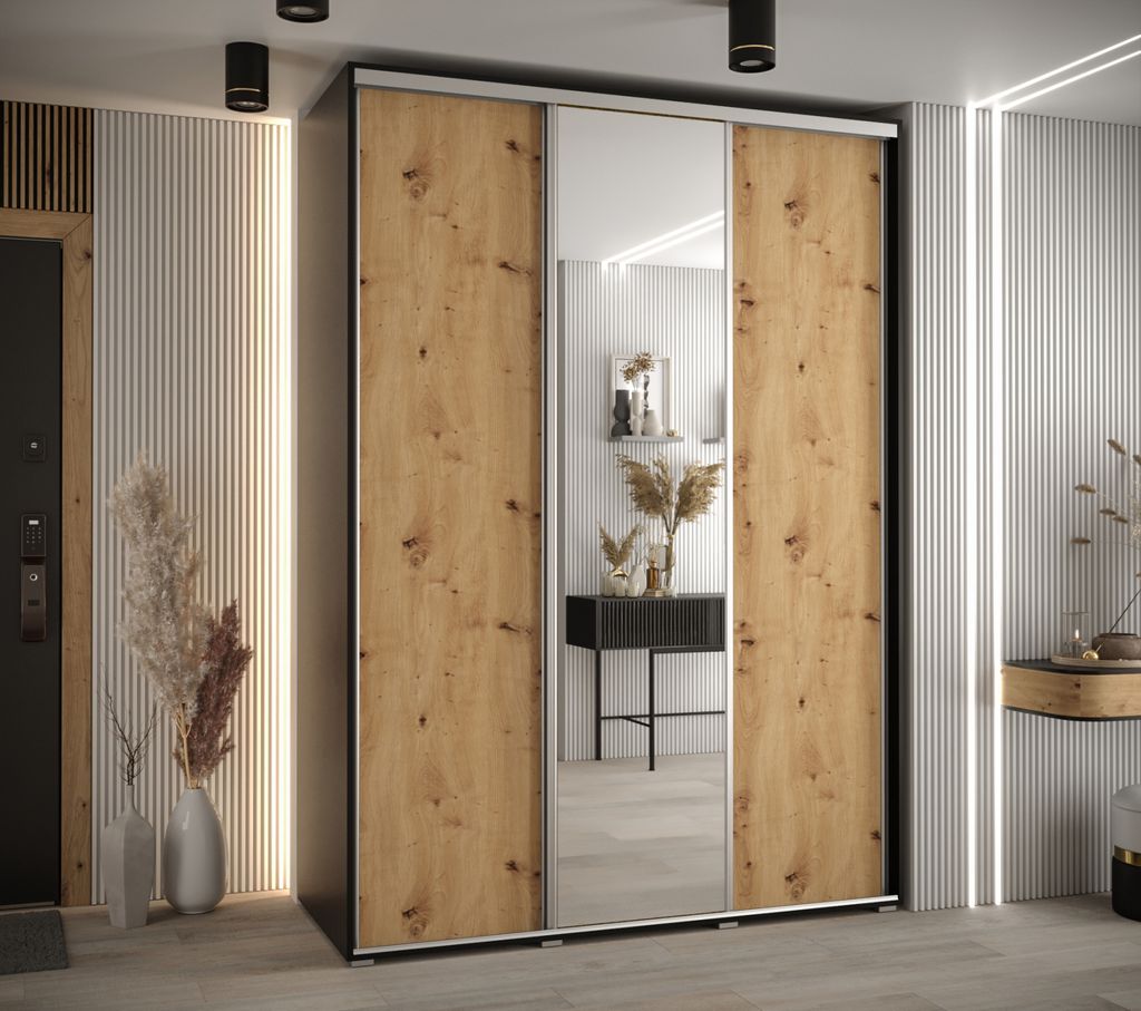 Kleiderschrank YVONA 3 – 170/60 cm, Schwarz/Eiche handwerklich/Silber