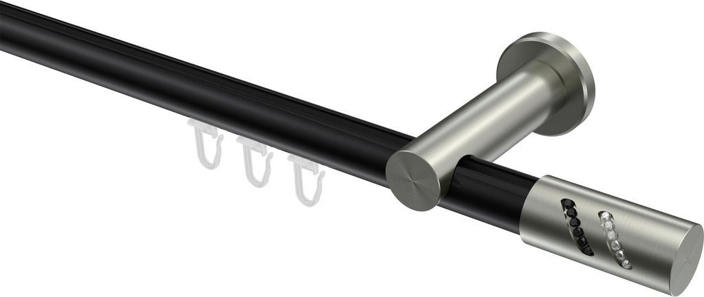 Interdeco Innenlaufstange / Gardinenstange mit Innenlauf Schwarz / Edelstahl-Optik, Typ Platon Zoena (Glitzerzylinder), 20 mm Ø 1-läufig, 320 cm