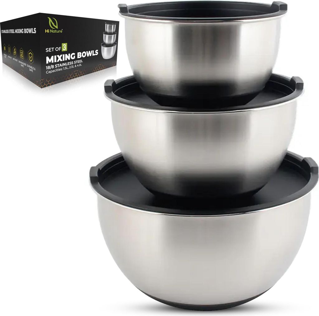 HI NATURE™ Set di 3 ciotole in acciaio inox con coperchio, Immagine del prodotto 