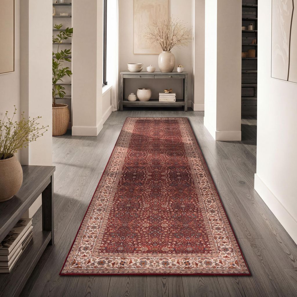 Vintage orientalischer Wohnzimmerteppich waschbar Kurzflor rutschfest Rot Bunt Creme Grösse 80x150 cm