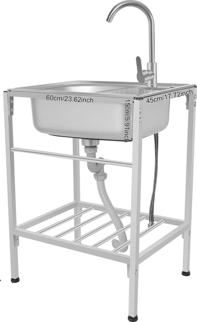 A freestanding stainless steel sink with a faucet and plumbing, shown on a white background.