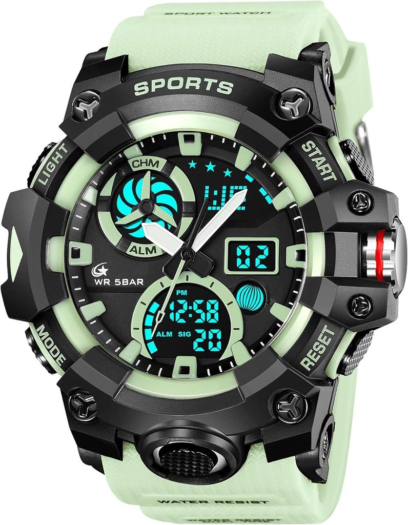 Herren Sport Militär Armbanduhr Analog Digital Dual Time 5ATM Wasserdicht LED Wecker Stoppuhr Kalender 12/24H Outdoor robuste Uhr