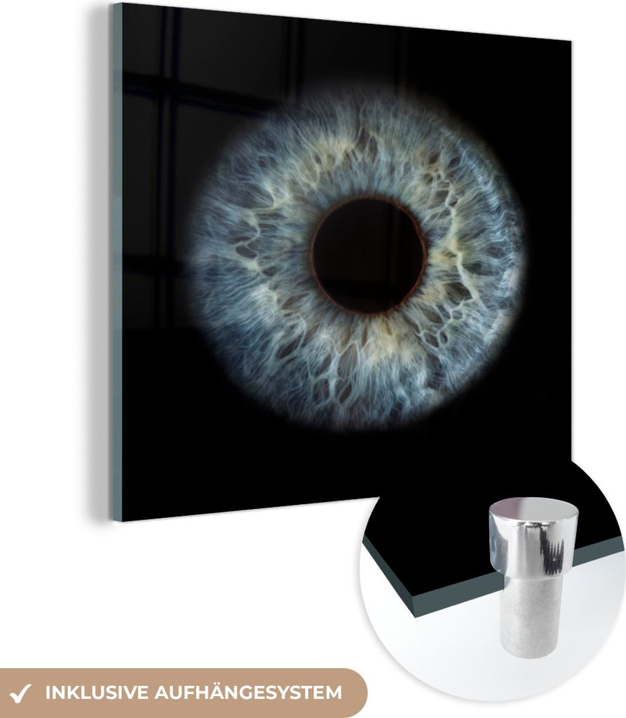 MuchoWow Glasbilder - Bilder auf Wandbild - Foto auf Glas Auge auf schwarzem Hintergrund 20x20 cm Wanddekoration aus Glas - Acrylglasbild - Acrylbi...