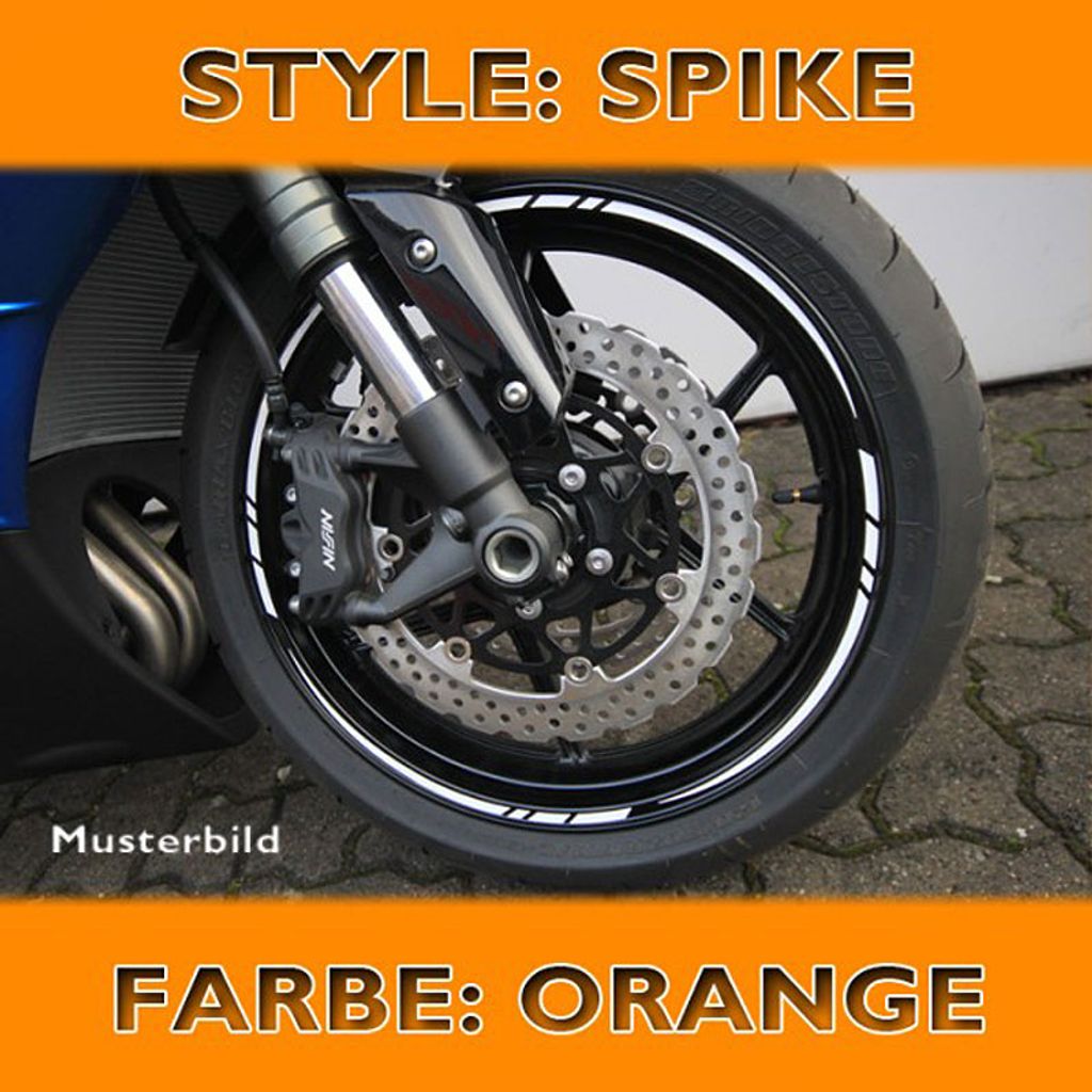 Felgenrandaufkleber "Spike", orange, 7 mm breit vorgeformt für 16-19 Zoll Felgen