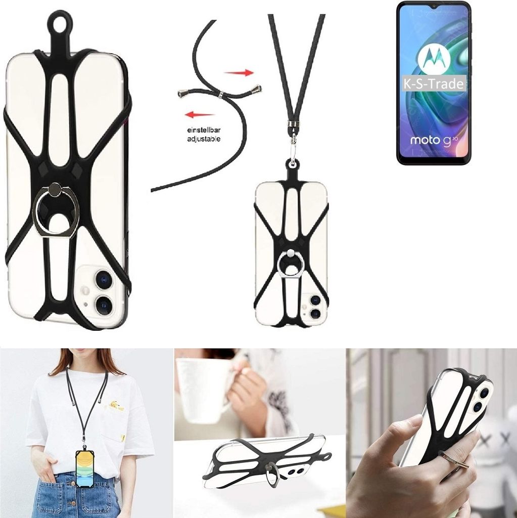 K-S-Trade 3in1 Handykette Handyband Handykordel Halsband Smartphone-Ring Handy-Ring kompatibel mit Motorola Moto G10 Fingerhalterung Handyring