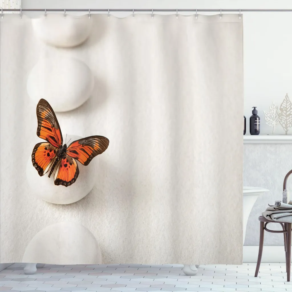 Tenda da doccia ABAKUHAUS Spa, motivo semplice con farfalla e rocce Wellness Purity Healing Serenity Bohemian, 175 x 200 cm, arancione bianco