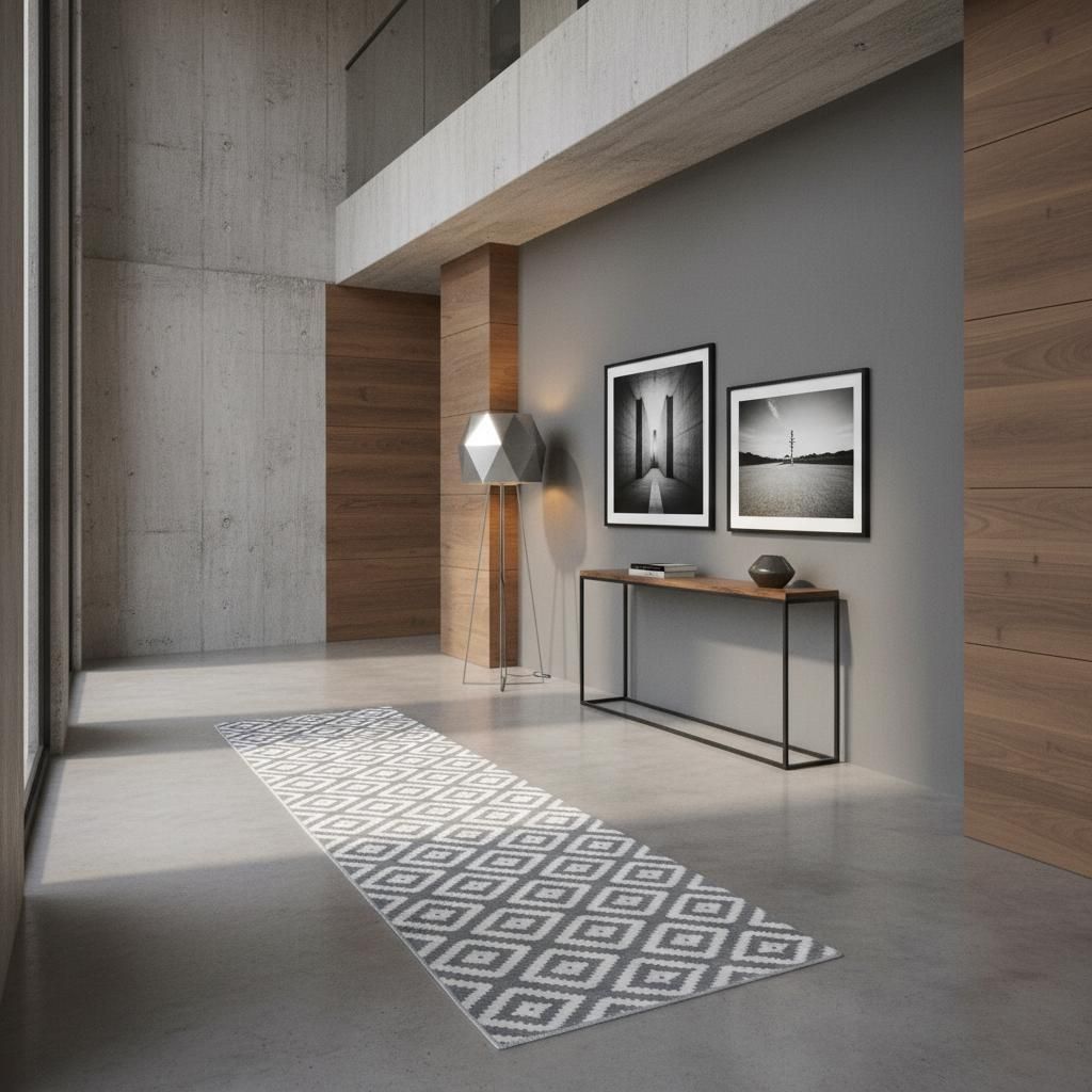Wohnzimmerteppich Geo-Muster Modern Waschbar Strapazierfähig | Läufer Grau 80x300 cm Schlafzimmer Fußbodenheizung geeignet | INN – Kadima Design