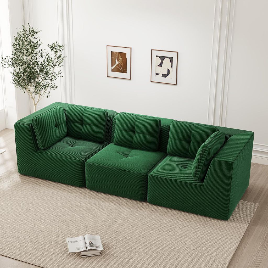 Modulares 3-Sitzer Sofa Cord Couch rahmenlose Wohnlandschaft 32D Schaumstoff Ecksofa tiefe Sitzfläche bequeme Sitzgruppe für Wohnzimmer Grün