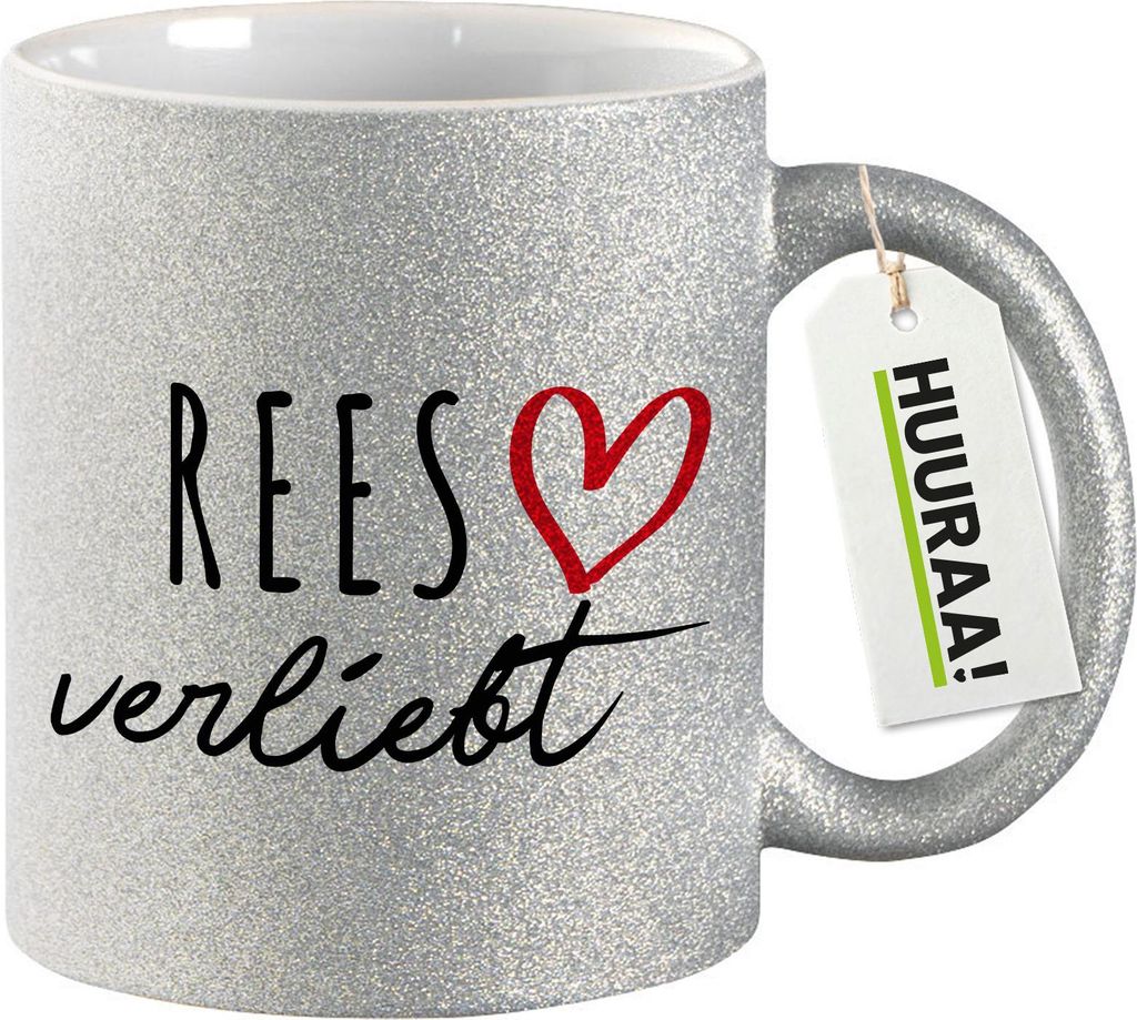 Huuraa Glitzertasse Rees verliebt 330ml Silber Keramik Kaffeebecher Geschenkidee