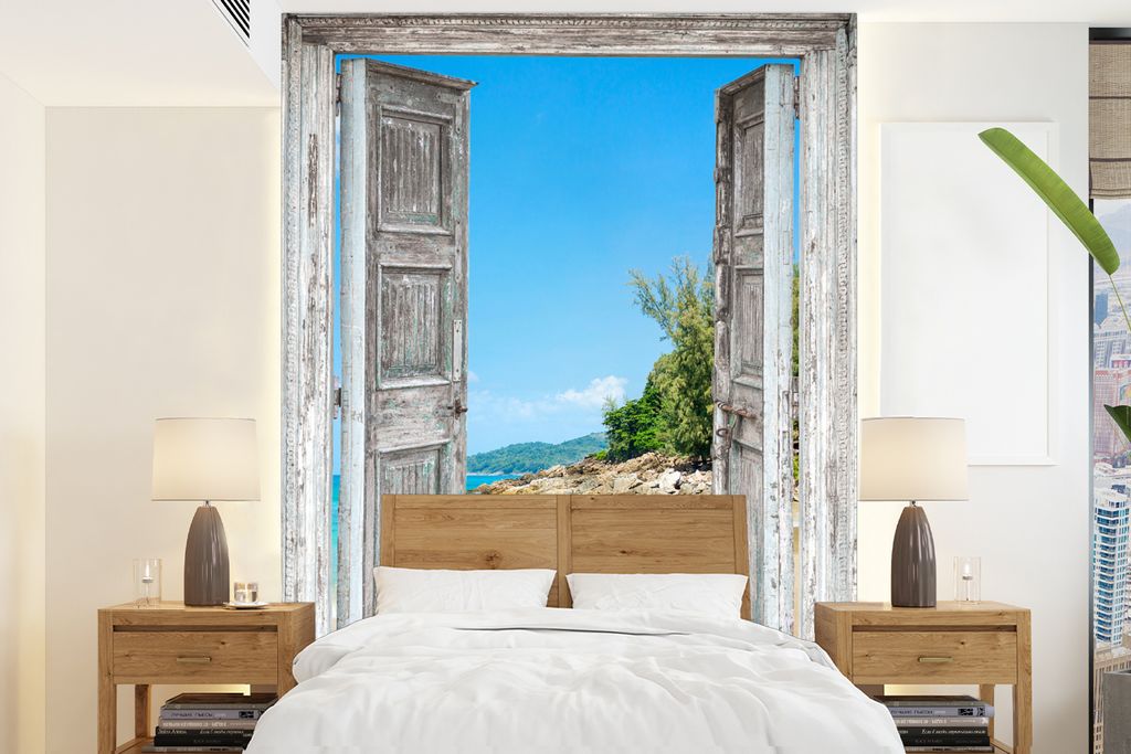 MuchoWow Fototapete für Wohnzimmer oder Schlafzimmer Wandtapete Vinyl Motivtapete Strand - Ausblick - Sommer - Tropisch - 160x220 cm - Bildschir...