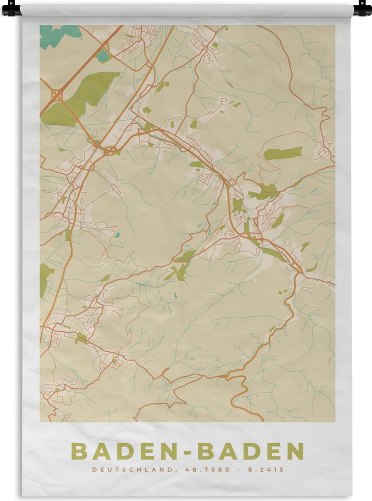 MuchoWow Wandteppich Wandbehang Baden-Baden - Jahrgang - Karte - Stadtplan 90x135 cm Tapisserie Dekoration Wandtuch - Baumwolle - Wandskulptur