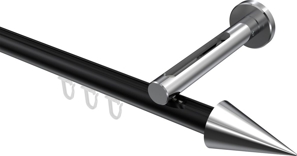 Interdeco Innenlaufstange / Gardinenstange mit Innenlauf Schwarz / Chrom, Typ Siteno Savio (Kegel), 20 mm Ø 1-läufig, 220 cm
